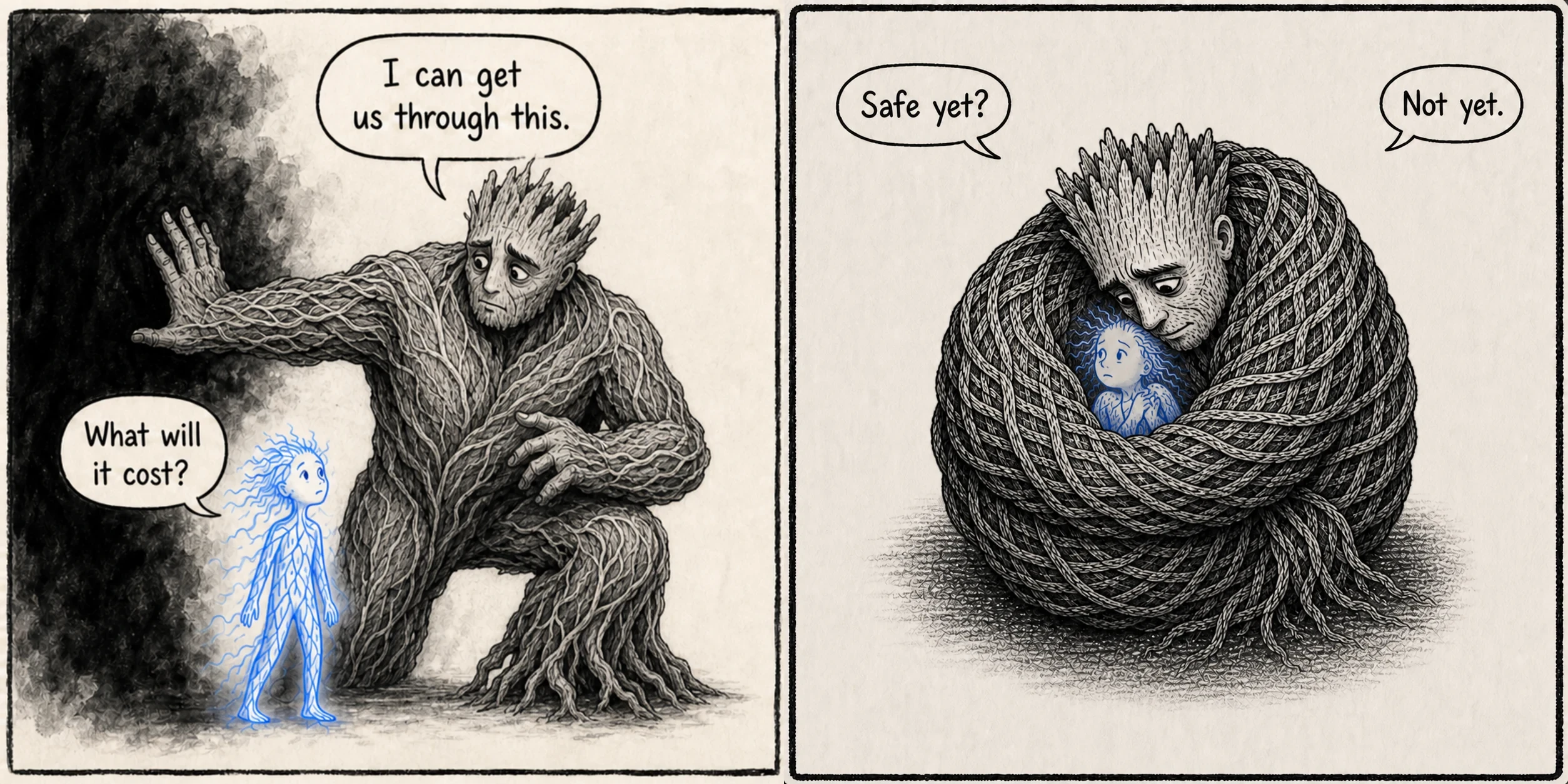 漫画：大紧绷这个巨大的保护者形象，守护着小小的发光的小感受（原图对话为英文）